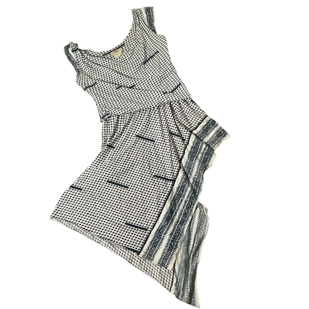 Fuzzi Italian Silk Blend Asymmetrical Dress Womens M White Blue Geometric Draped